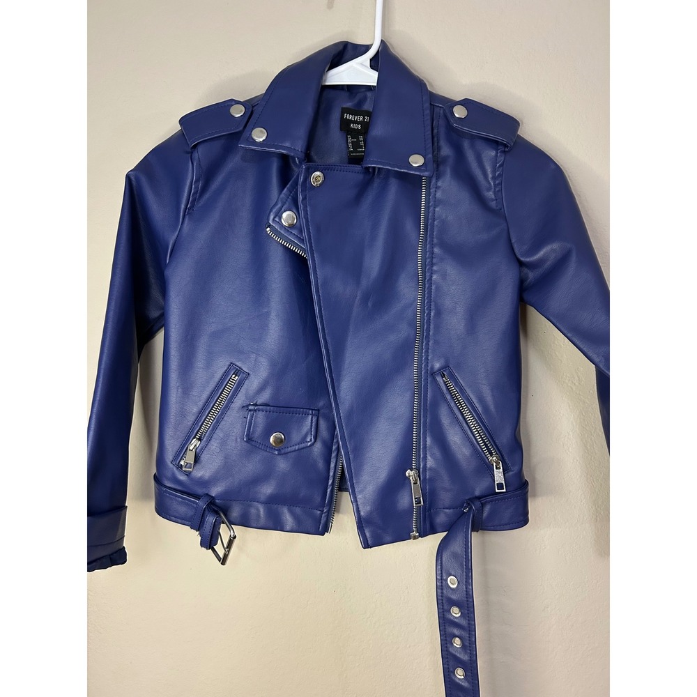 Forever 21 Kids Blue Faux Leather Moto Biker Jacket Size 7/8